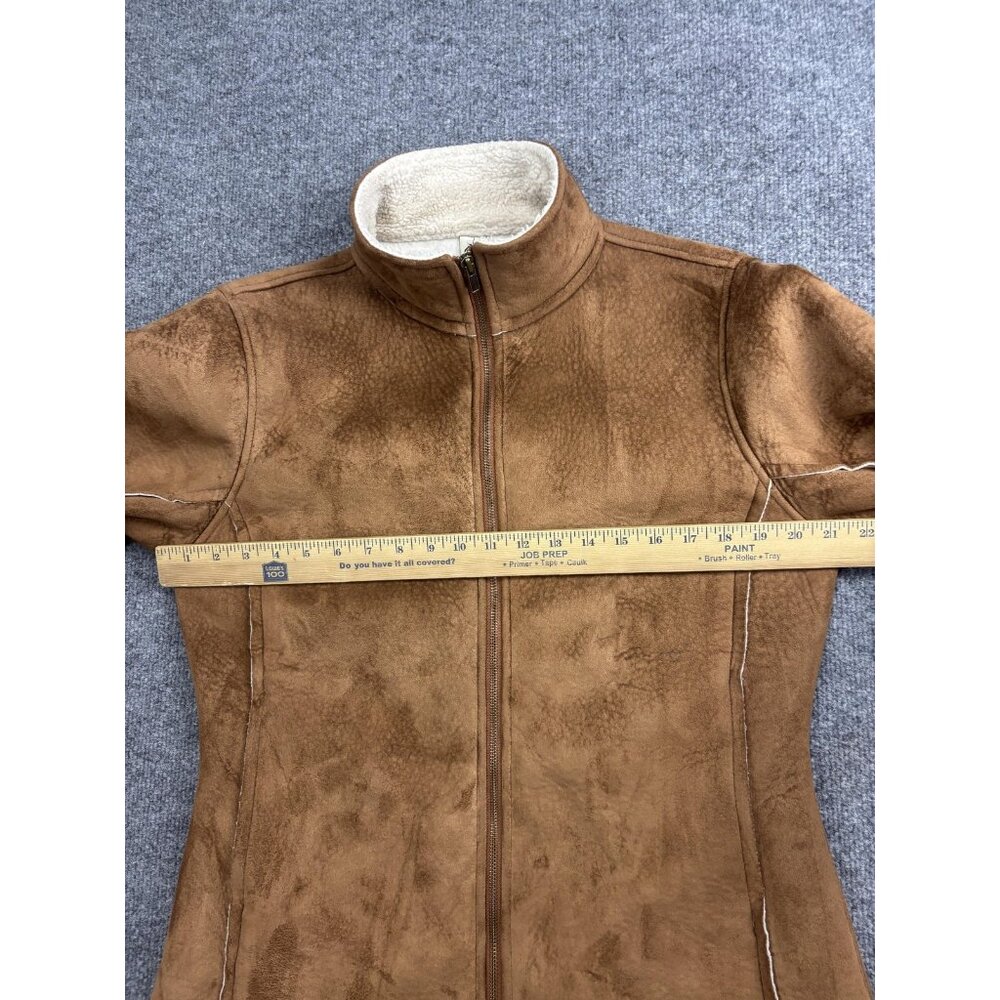 VNTG PrAna Jacket Womens Large Brown Faux Suede Sherpa Fleece Lined Zip Pockets - Picture 5 of 9